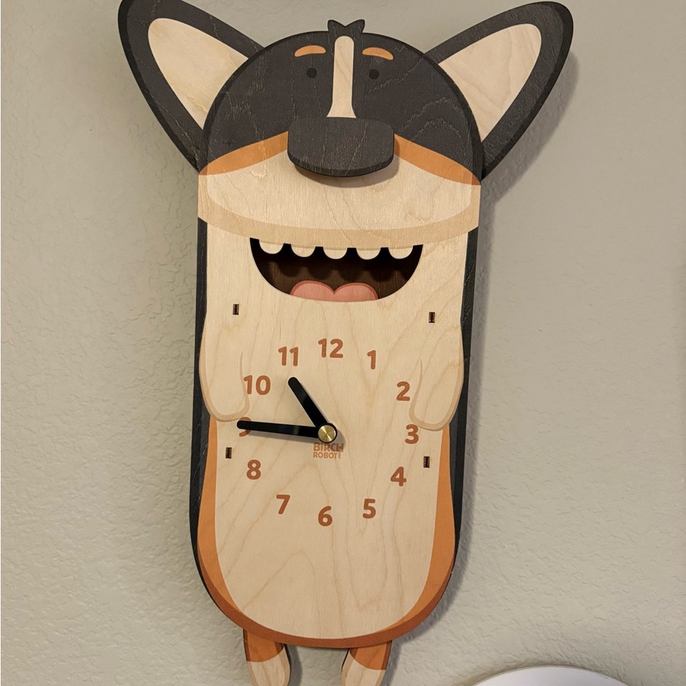 Wooden Dog Wall Clock with Black and Brown Accents